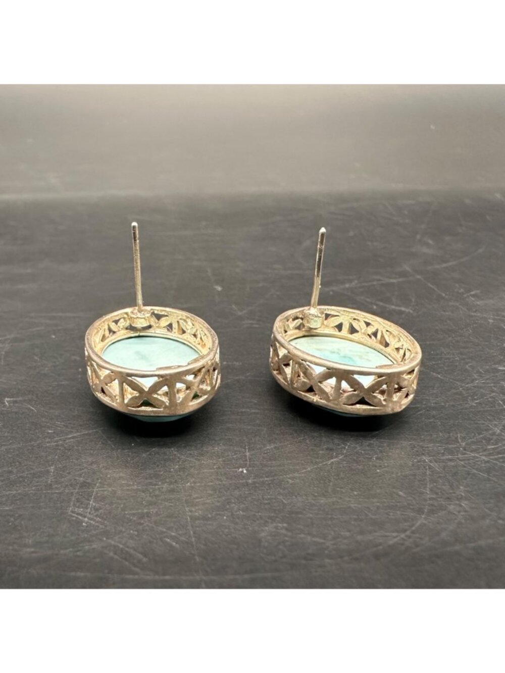 Vintage Sterling Silver Turquoise Oval Earrings Filigree Western Boho Festival - Picture 8 of 12